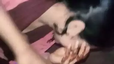 Shy girlfriend sucking dick of lover through pant zip open
