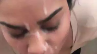 Big boob babe takes thick Indian cum in mouth