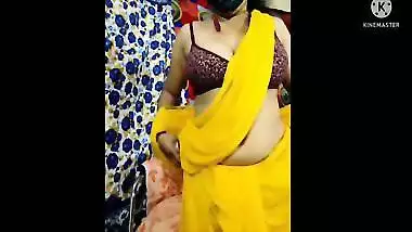 Yellow Colour Saree Indian Sexy Housewife