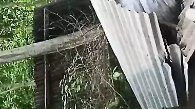 Village neighbor girl outdoor bath caught through hole
